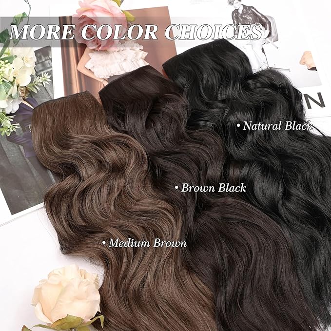 MORICA Halo Hair Extensions 20 Inch Medium Brown Invisible Wire Hair Extensions,Long Wavy Synthetic Hairpiece with Transparent Wire Adjustable Size, 4 Secure Clips for Women