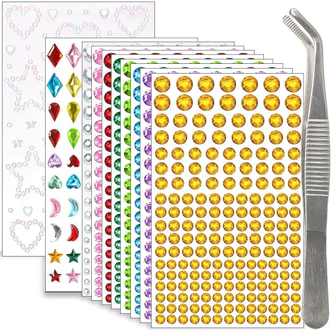 NIACONN 1760 Pcs Multicolor Hair Jewels Face Gems Stick on, Self Adhesive Glitter Rhinestones Stickers for Women Body Eyes Nails Festival Halloween Makeup & Crafts