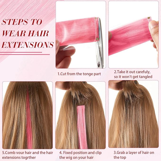 20 Pcs Glow in the Dark Colored Hair Extensions Clip 20 Inch Rainbow Party Hairpiece for Women, 10 Color(Pink)