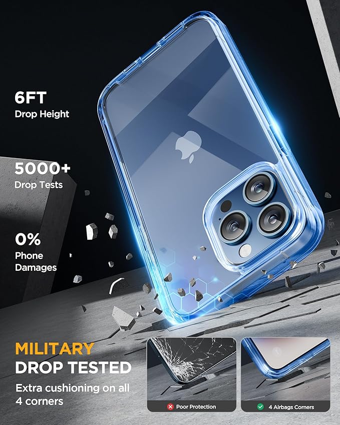 Miracase Glass Series for iPhone 15 Pro Max Case 6.7 Inch, Full-Body Drop Proof Phone Case for iPhone 15 Pro Max with Built-in 9H Tempered Glass Screen Protector + Camera Protector, Clear Blue