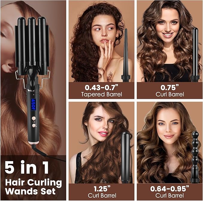 Bo'laiya 5 in 1 Curling Wand Set with Temperature Display, Curling Iron Set with 5 Interchangeable Ceramic Curling Wands, Instant Heat Up, Suitable for All Hair Types (Black)