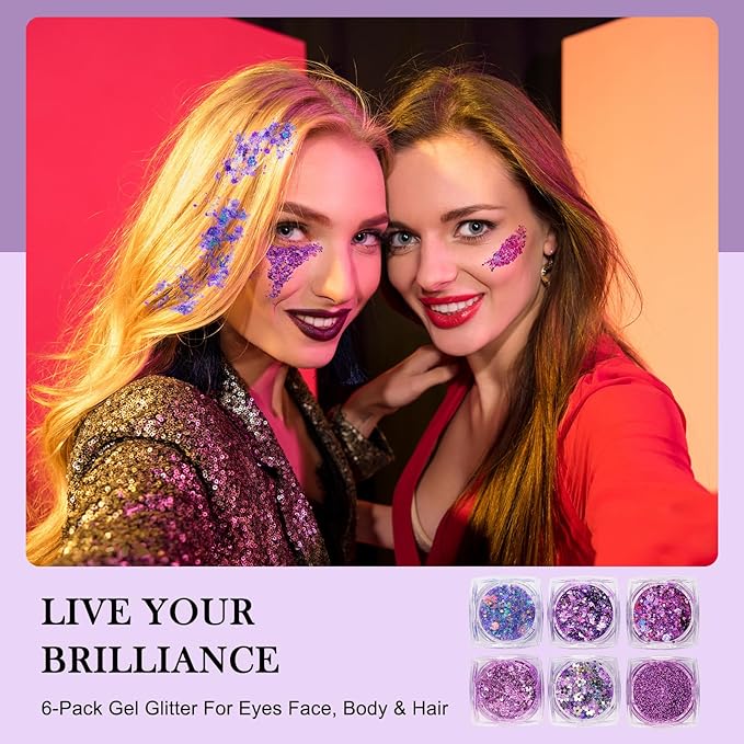 Glitter Body Face Hair Makeup Festival Gel, 6 Shapes Clear Purple Rave Glitter Face Pain Glitter Eyeshadow for Kids Women Girls Singer Concerts Festival Rave Accessories