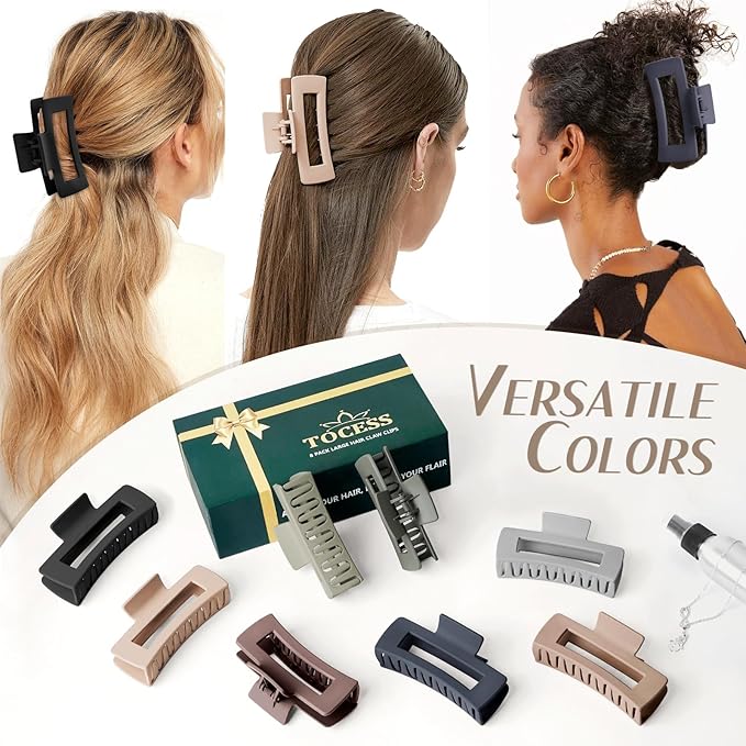 TOCESS 4.33 Inch Big Claw Clips 8 Pack, Matte Finish Large Neutral Color Hair Claw for Thick, Curly, Long, Wavy Hair, Non-slip Square Bulk Hair Clips for Women & Girls