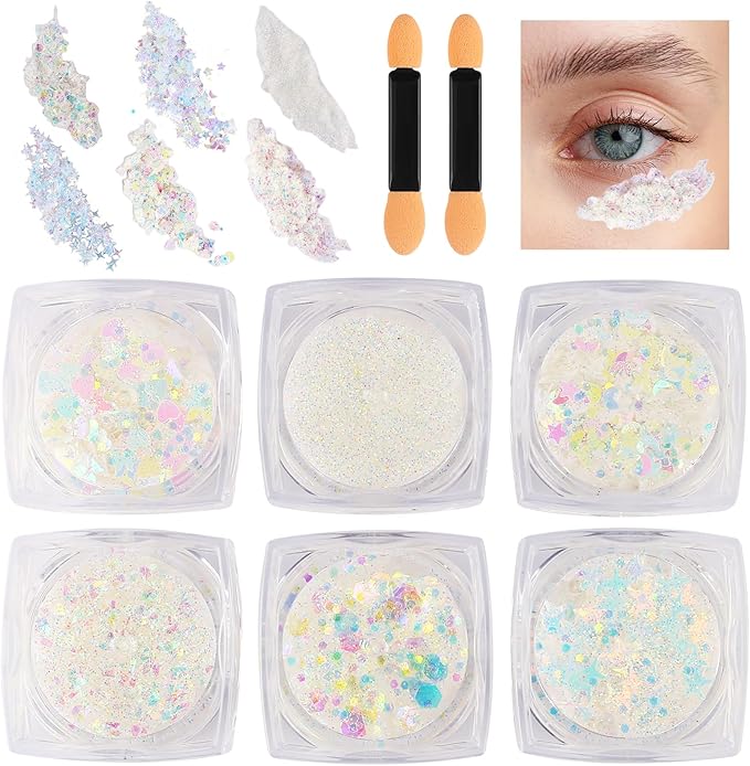 Glitter Body Face Hair Makeup Festival Gel, 6 Shapes Clear White Rave Glitter Face Pain Glitter Eyeshadow for Kids Women Girls Singer Concerts Festival Rave Accessories