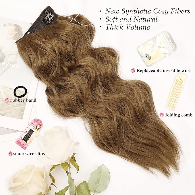 MORICA Invisible Wire Hair Extensions - 20 Inch Chestnut Brown Long Wavy Synthetic Hairpiece with Transparent Wire Adjustable Size, 4 Secure Clips for Women