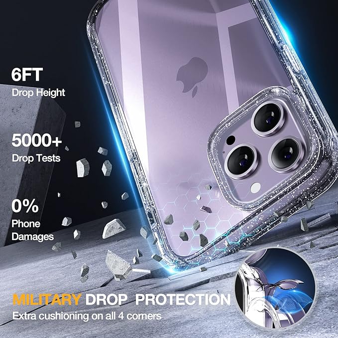 Miracase Glass Series Designed for iPhone 14 Pro Max Case 6.7 Inch, Upgrade Full-Body Case with Built-in 9H Tempered Glass Screen Protector, with Camera Lens Protector, Clear Glitter