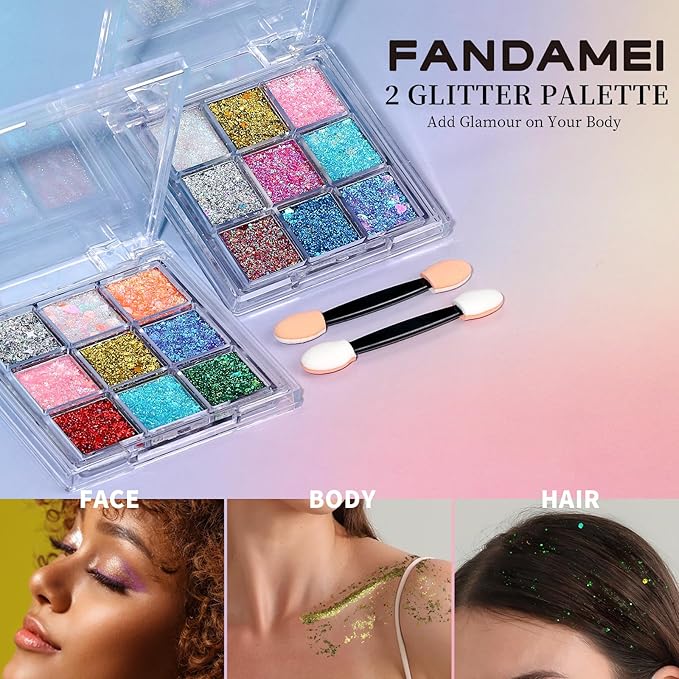 FANDAMEI Face Glitter, 2 Gel Palette 18 Grids, Body Hair Glitter for Kids Women for Makeup, Halloween Rave Concert Face Paint Glitter