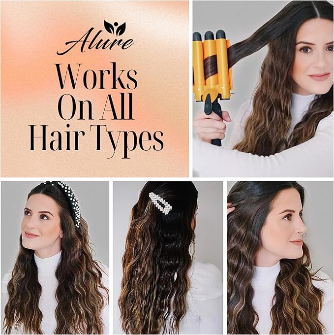 Alure Three Barrel Curling Iron Wand Hair Waver with LCD Temperature Display - 1 Inch Ceramic Tourmaline Triple Barrels, Dual Voltage Crimp (zGold)