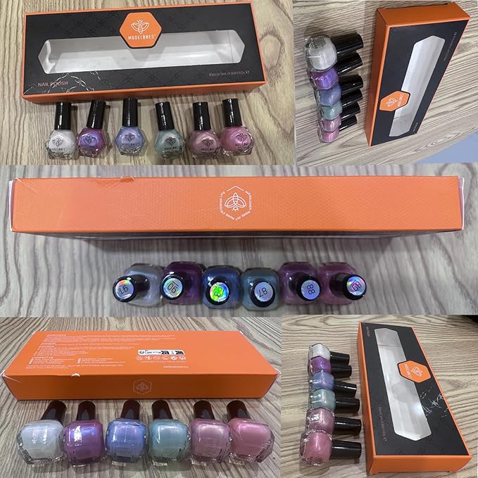 modelones Chrome Nail Polish Set, 2025 Spring Summer 6 Colors Shimmer Pearl White Pink Mermaid Purple Quick Dry Nail Polish Kit Fingernail Polish Manicure DIY Salon Home Easter Gifts for Women Girl