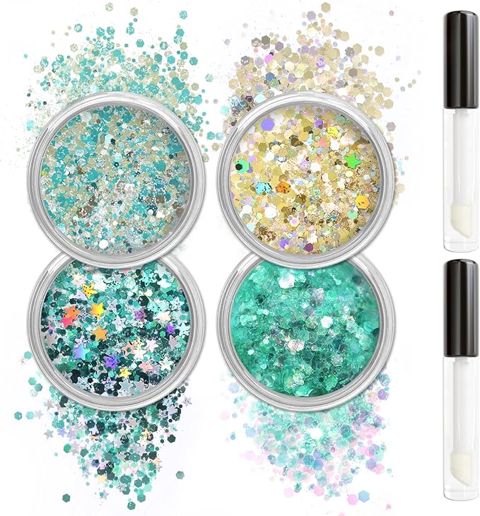 Allstarry Holographic Chunky Body Glitter 4 Colors Cosmetic Face Glitter Eyeshadow Makeup Holographic Mermaid Cosmetic Laser Powder Rave Accessories with Body Glue for Women Makeup Nails DIY Crafts
