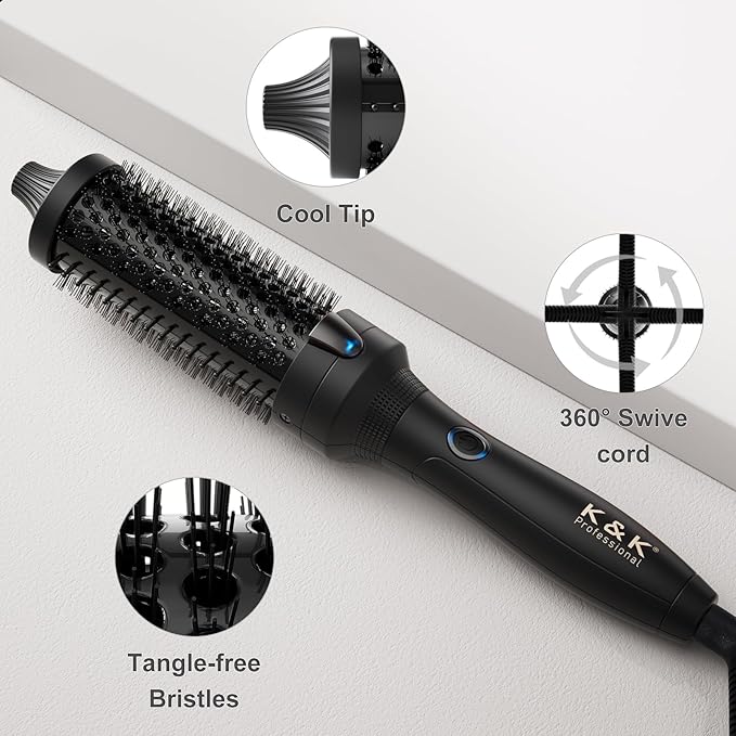 K&K Thermal Brush, 1.5 Inch Heated Round Brush, Professional Heated Curling Ceramic Tourmaline Ionic Curling Iron, Hot Styling Volumizing Tool, Dual Voltage Black