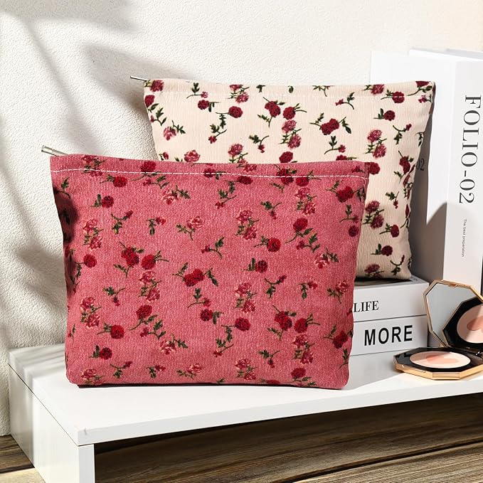 2 Pieces Rose Makeup Bag Large Corduroy Cosmetic Bag Capacity Canvas Travel Toiletry Bag Organizer Cute Makeup Brushes Aesthetic Accessories Storage Bag for Women, Rose L White Pink