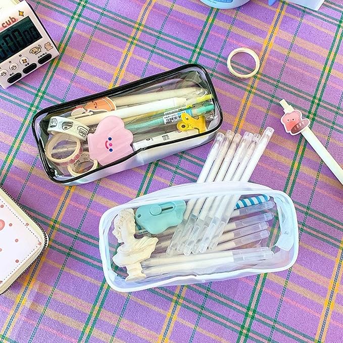 2pcs Clear Cases with Zipper, Multi-use Travel Makeup Brush Bags Toiletries Exam Pouch Case Travel Luggage Make up Cosmetic Bag (Black and White)