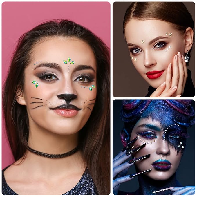 OIIKI 4 Sheets Star Face Eye Stickers, Star Jewelry Eye Body Sticker, Acrylic Crystal Face Gems, Festival Halloween Pearls Hearts Face Makeup Stickers, 4 Styles Rhinestone Tattoos for Women, Girls