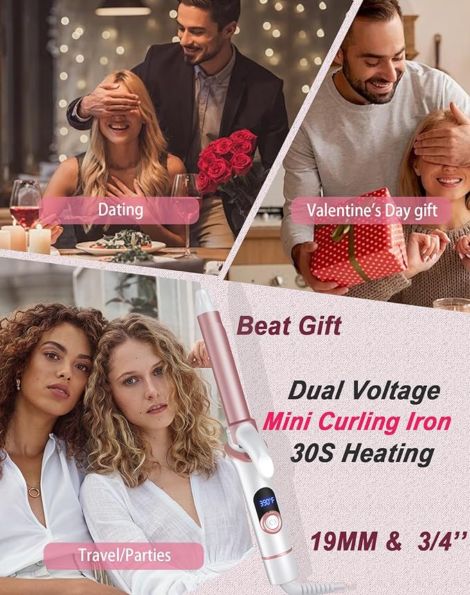 Mini Curling Iron for Short Hair - Small Travel Curling Iron with Dual Voltage, Ceramic Barrel, 5 Heat Settings, 60 Min Auto-Off, Portable Curling Wand for Versatile Styling (3/4 inch)