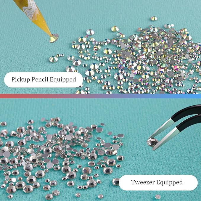 3440pcs 6 Sizes Transparent White and AB Glass Crystal Kit with Pickup Pen + Tweezer Tools for Iridescent Shine Nail Art Manicure Makeup DIY Deco Flatback Round Bead Rhinestone Gem Jewelry Diamond