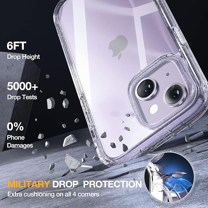 Miracase Glass Series Designed for iPhone 14 Plus Case 6.7 inch, 2023 Upgrade Full-Body Clear Bumper Case with Built-in 9H Tempered Glass Screen Protector and Camera Lens Protector,Glitter Clear