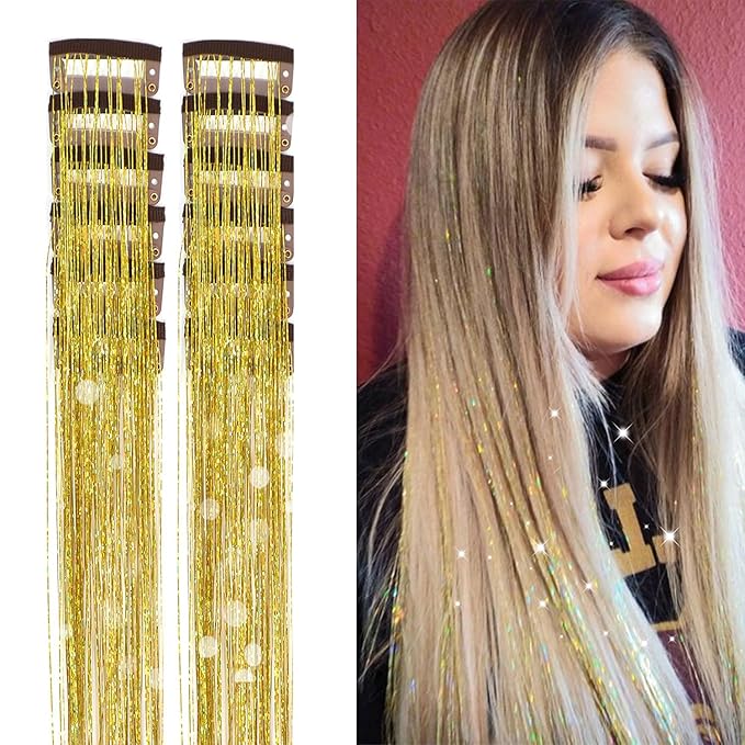 12Pcs Hair Tinsel Clip in Glitter Tinsel Hair Extensions 19.6Inch Clip in Hair Tinsel Kit Heat Resistant Shiny Sparkly Fairy Hair Accessories for Women Girls Kids (Gold)