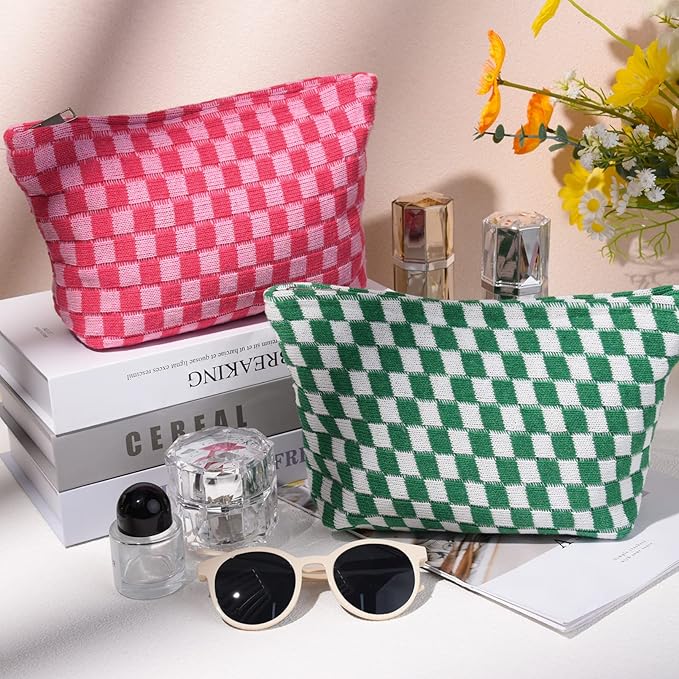2 Pieces Makeup Bag Large Checkered Cosmetic Bag Capacity Canvas Travel Toiletry Bag Organizer Cute Makeup Brushes Aesthetic Accessories Storage Bag for Women, Checkered L Green Rose red