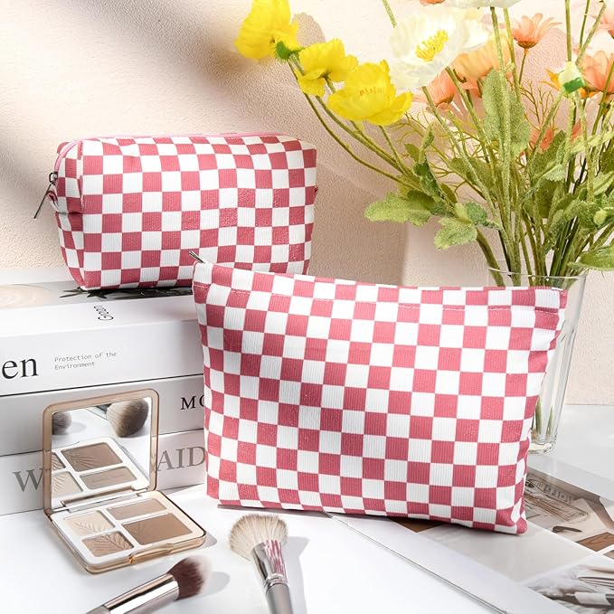 2 Pcs Checkered Makeup Bag Large Cosmetic Bag Toiletry Bag Makeup Pouch Travel Bag Organizer Cute Makeup Brushes Aesthetic Accessories Storage Bag for Women Peach Pink