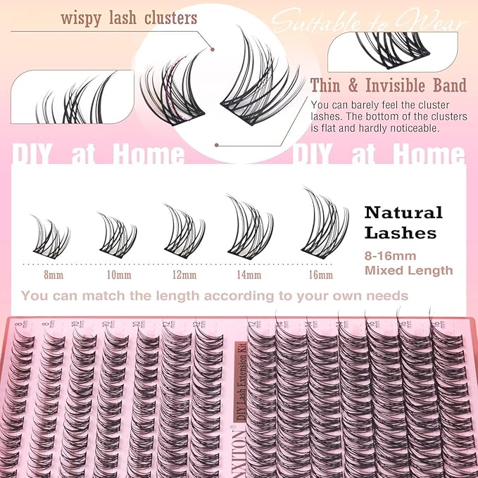 Natural Lash Extension Kit 8-16mm Lash Clusters Wispy Eyelash Clusters Sweatproof Lash Clusters C Cluster 144pcs with Bond and Seal Lash Glue and Eyelash Extension Tweezers DIY at Home