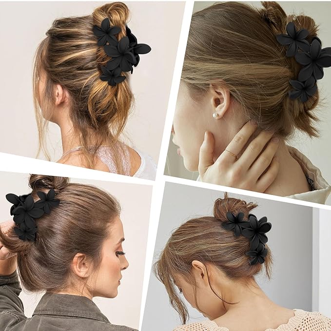 4PCS Matte Flower Hair Clips - Non-Slip Large Plumeria Clips for Thick Hair, Strong Hold for Women and Girls (Black)