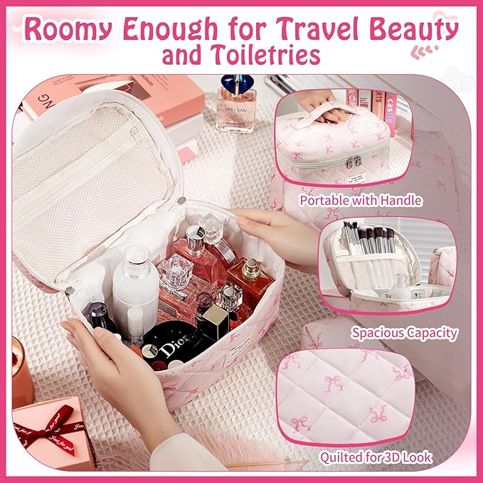 3 Piece Cute Pink Bow Quilted Makeup Bag Set, Large Capacity Travel Makeup Bags for Women and Girls, Includes Small, Medium, and Extra Large aesthetic makeup&Cosmetic Bags (3PCS-Pink SlimBow)