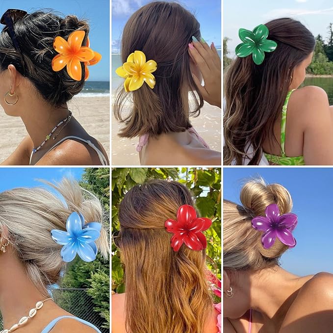 Hawaiian Plumeria Hair Accessories - 6 Pack Large Claw Clips for Thick and Thin Hair, Beach Tropical Hair Clips for Women and Girls