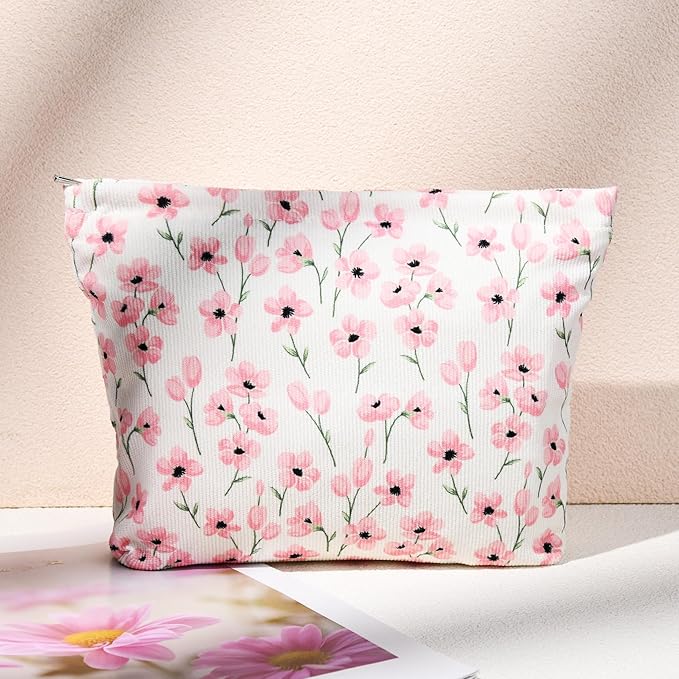 2 Pieces Flower Makeup Bag Large Floral Cosmetic Bag Capacity Canvas Mix Travel Toiletry Bag Organizer Cute Makeup Brushes Aesthetic Accessories Storage Bag for Women, Flower Mix Pink