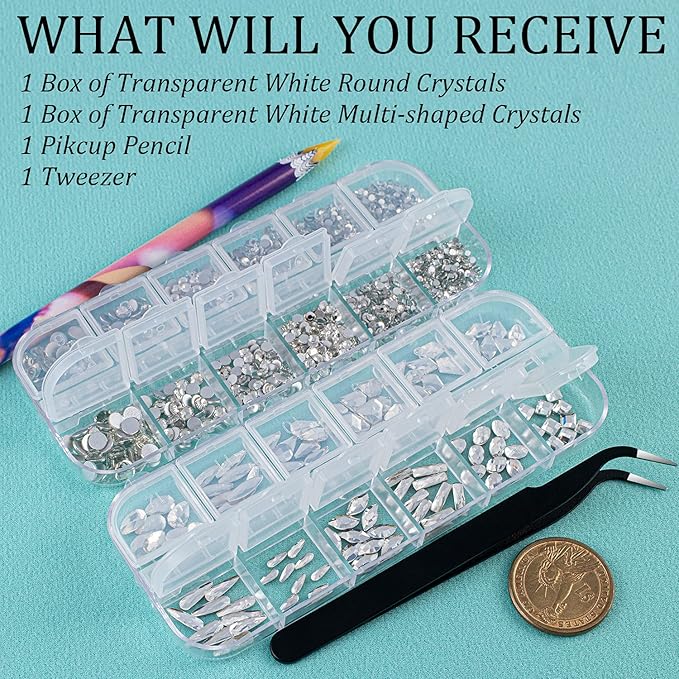 Multi Shapes Transparent White 3D Glass Crystal Nail Art Rhinestones Kit with Flatback Round Bead Charm Gem Stone Jewelry Diamond with Pickup Pen + Tweezer for Manicure Makeup DIY Craft Decoration