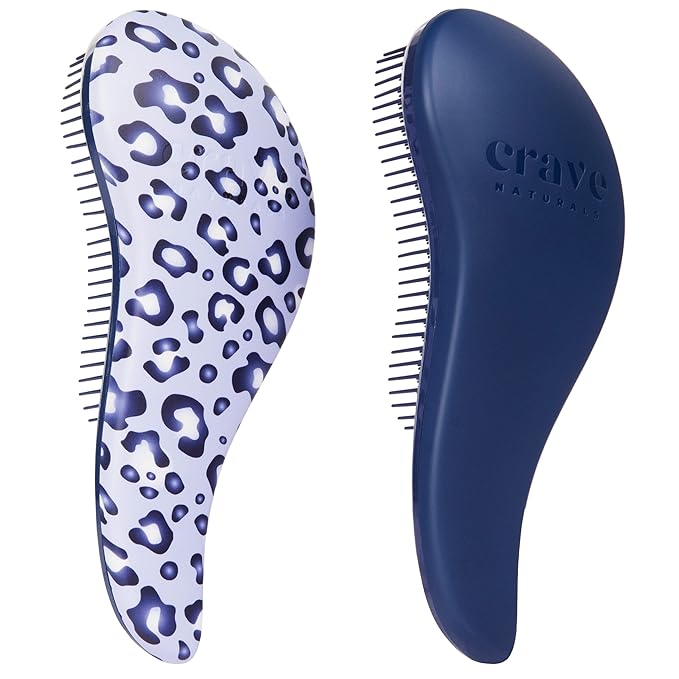 Crave Naturals Glide Thru Detangling Hair Brush for Adults and Kids - Detangler Hairbrush for Curly or Straight, Wet or Dry Hair - Gentle on Tangles Hair Comb - Navy Blue and Blue Cheetah (Pack of 2)