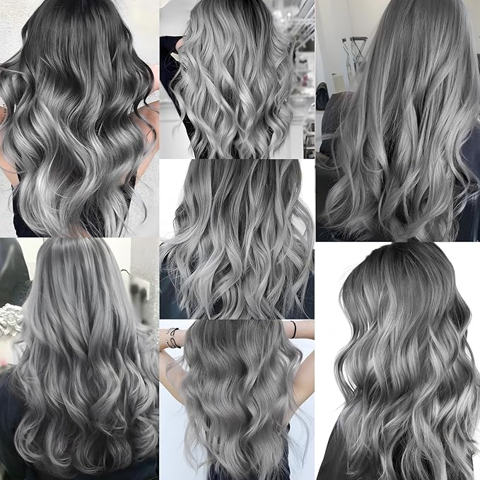 10 PCS Grey Hair Extensions, Curly Wavy Synthetic Hairpieces Clip in Rainbow Neon Party Highlights, Colorful Hair Accessories for Girls Women 17 inch (Grey)