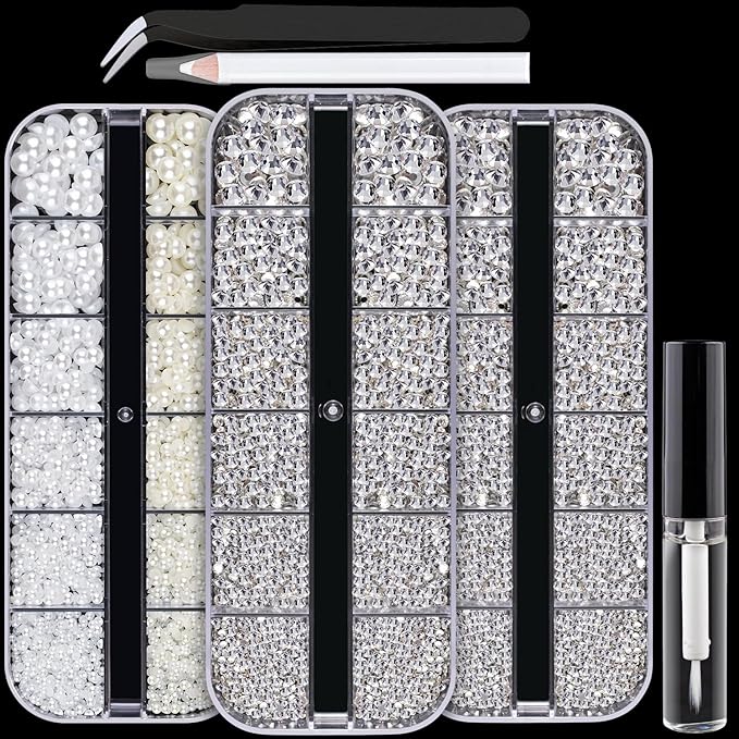Nail Art Rhinestones Kit with Flatback Crystal (Clear + Clear) Gems, (White & Beige) Half Pearls with Dotting Tools, Nail Rhinestones Jewels for Manicure Makeup