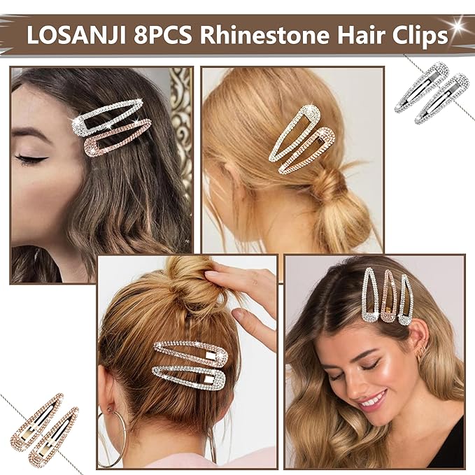 8PCS Rhinestone Hair Clips, Water Drop Crystal Hair Barrettes, Bling Metal Snap Duckbill Hairpins Sparkle Hair pin, Glittering Hair Accessories for Women Girls-Color, Gold, Silver