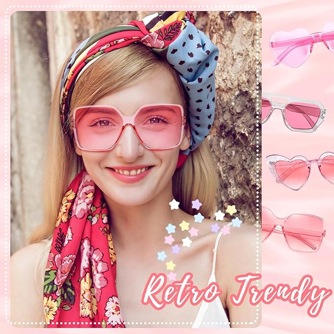 Pibupibu 8 Pack Pink Sunglasses for Women Collection Trendy Cute Costume Accessories Eyewear Set (Transparent/Solid/Mix)