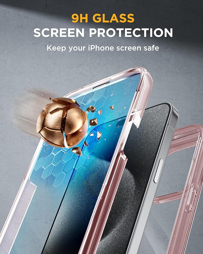 Miracase Glass Series for iPhone 15 Pro Max Case 6.7 Inch, Full-Body Drop Proof Phone Case for iPhone 15 Pro Max with Built-in 9H Tempered Glass Screen Protector + Camera Protector, Clear Pink