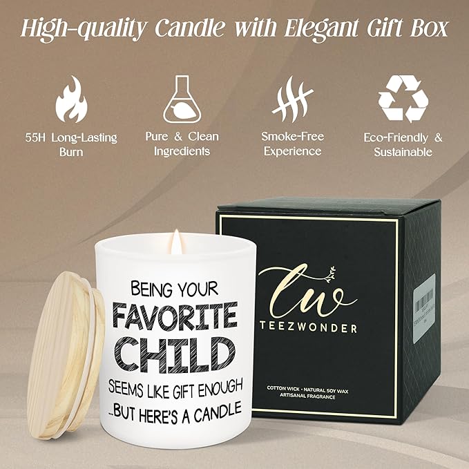 TEEZWONDER Mothers Day Gifts for Mom from Daughter Son - Favorite Child Long Lasting Vanilla Lavender Candle 10 oz - Fathers Day Mothers Day Mom Birthday Gifts for Women Men Dad Grandpa Grandma