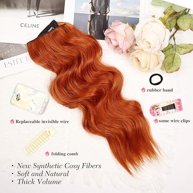 MORICA Invisible Wire Hair Extensions - Copper Red Halo Hair Extensions 20 Inch Long Wavy Synthetic Hairpiece with Transparent Wire, 4 Secure Clips
