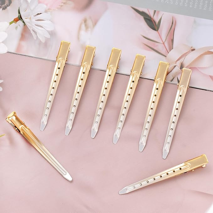 24 Packs Duck Bill Clips, Bantoye 3.35 Inches Rustproof Metal Alligator Curl Clips with Holes for Hair Styling, Hair Coloring, Matte Gradient Gold
