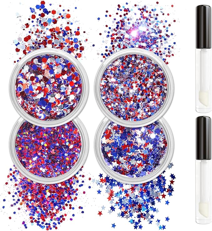 Allstarry Chunky Body Glitter 4 Colors Cosmetic Patriotic Face Glitter Independence Day Hair Sequins Sparkle Veterans Day Eye Flakes 4th of July Accessories for Olympics Party Women Face Paint Makeup