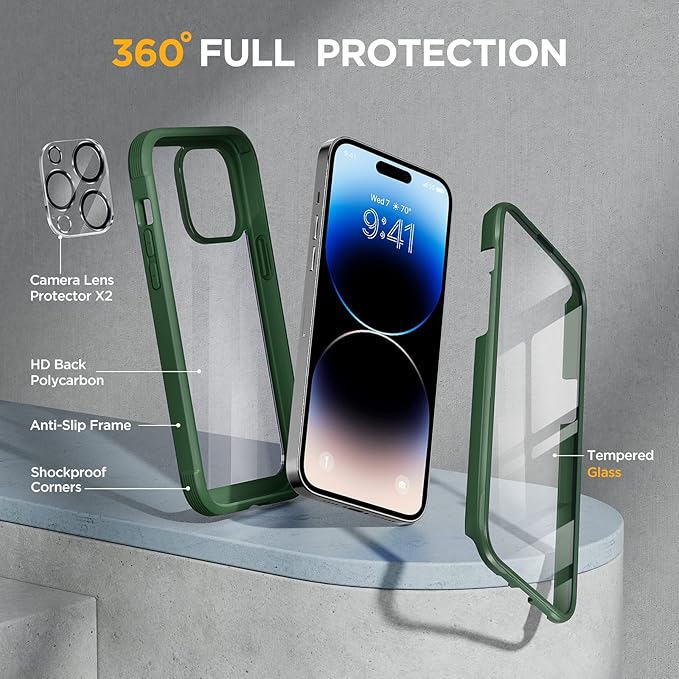 Miracase Glass Series Designed for iPhone 14 Pro Max Case 6.7 Inch, Upgrade Full-Body Bumper Case with Built-in 9H Tempered Glass Screen Protector, with Camera Lens Protector, Green