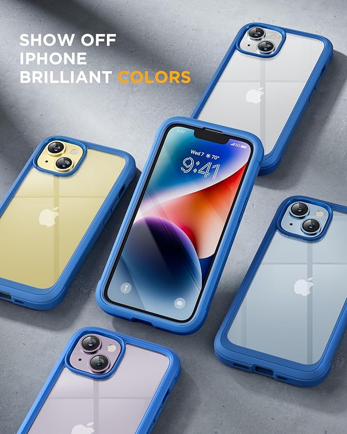 Miracase Glass Series Designed for iPhone 14 Case 6.1 inch, 2023 Upgrade Full-Body Clear Bumper Phone Case with Built-in 9H Tempered Glass Screen Protector and Camera Lens Protector,Blue