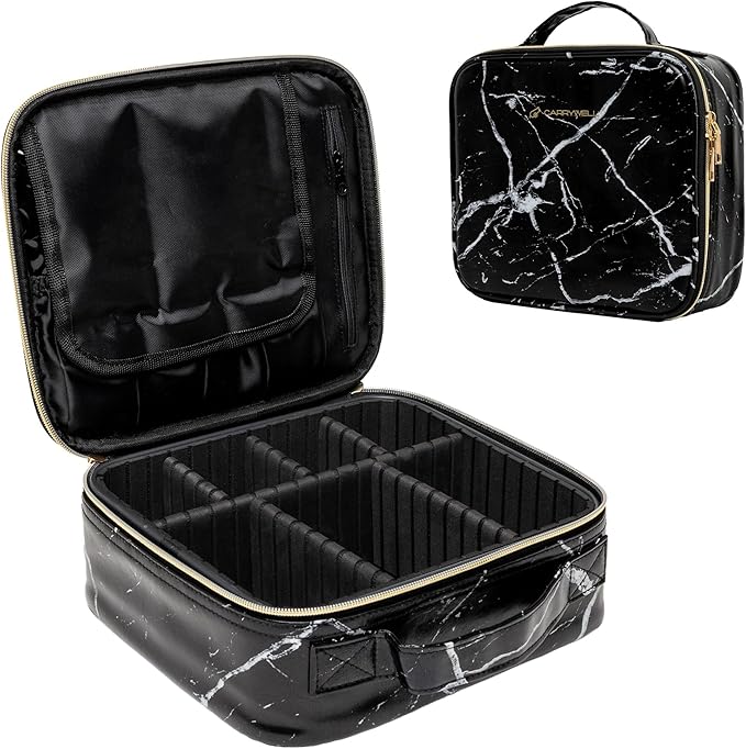 (Not Made In China) Makeup Train Case, Cosmetic Organizer Bag, Travel Make Up Storage With Adjustable Dividers For Cosmetics, Jewelry, Fragrance, Nail Polish and Brushes (1, Marble, Small)