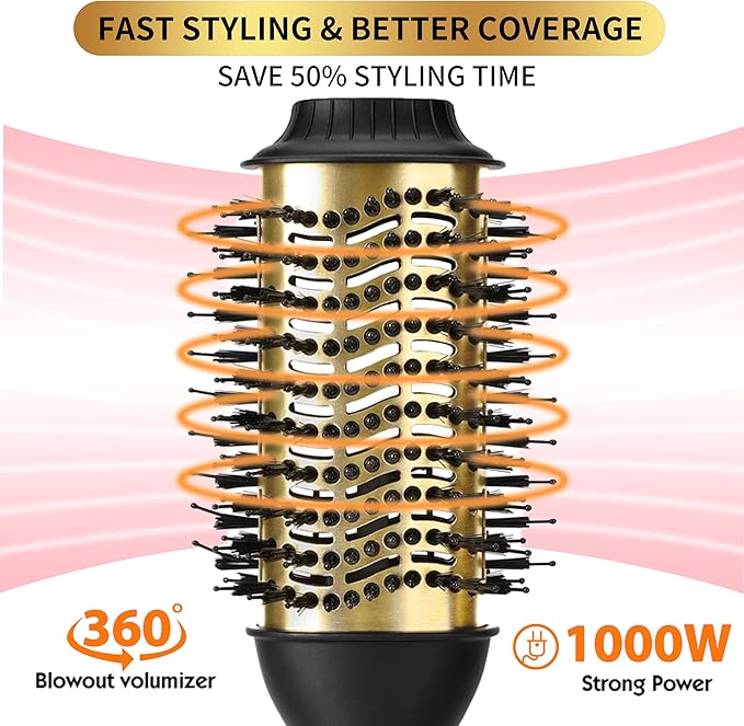 4-in-1 Hair Styler: Oval Brush Dryer and Volumizer for All Hair Types (Black Gold)
