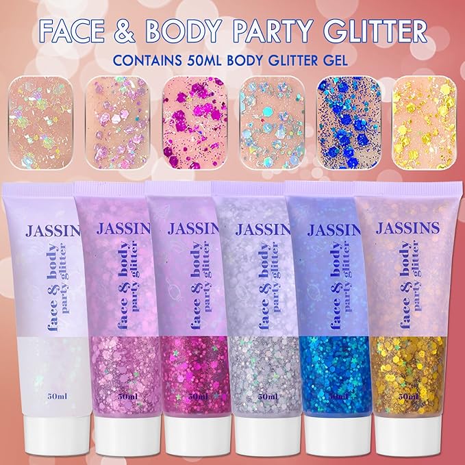 JASSINS 2 Pack Face Body Glitter, 100ml Rose-red and White Glitter Gel Makeup for Women Girls Kids, Singer Concerts Festival Rave Accessories, Chunky Mermaid Sequins Glitter