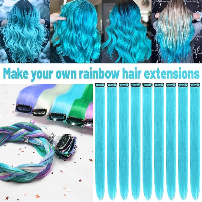 22 inch Colored Hair Extensions, Multi-colors Party Highlights Clip in Synthetic Hair Extensions, Color Party Highlights Hairpieces for Girls Women(10 PCS Sky Blue)