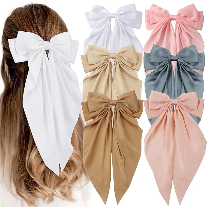 6 PCS Hair Bows for Women, Big Bow Hair Clips for Girls, Silky Satin Hair Bows Clips Oversized Long Tail, Large Hair Barrettes Cute Hair Accessories, Metal Bow Hair Clips khaki color