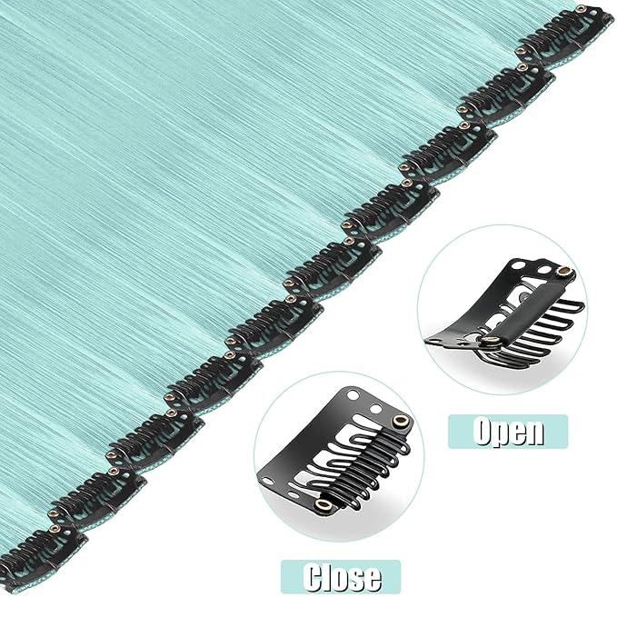 12 PCS Teal Hair Extensions Clip in, 20-inch Colored Party Synthetic Neon Highlights Extensions, Cyan Hair Accessories for Kids Girls Women Hair Pieces (Mint Green)