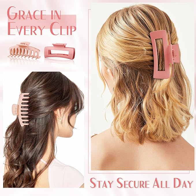 TOCESS Hair Claw Clips for Women Long Thin Hair, 8 Pack 4.33 Inch Big Matte Bright Jelly Pink Square Claw Clip Set, Non-Slip Strong Hold Lightweight Hair Clamps Solve Hair Falling Problem