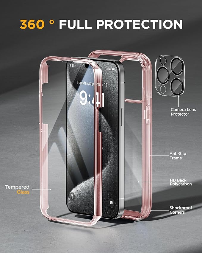 Miracase Glass Series for iPhone 15 Pro Max Case 6.7 Inch, Full-Body Drop Proof Phone Case for iPhone 15 Pro Max with Built-in 9H Tempered Glass Screen Protector + Camera Protector, Clear Pink